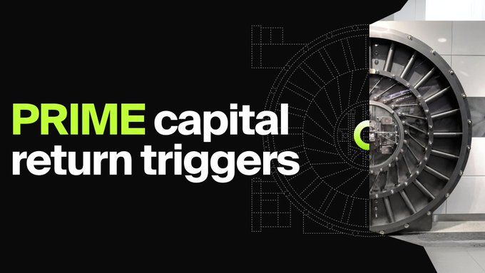 The image shows a bank vault with the text "PRIME capital return triggers" overlaid in bold white and green lettering, visually representing the secure financial mechanism described in the post about the PRIME proposal's six return triggers that automatically send unused ADA capital back to the Cardano Treasury.
