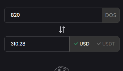 The image shows a crypto conversion calculator displaying 820 DOS being converted to 310.28 USD, with USD selected as the currency option alongside USDT. This visual relates to the post's claim of receiving a total of 820 $DOS across two airdrop rounds, illustrating the real-time USD value of that combined airdrop allocation.
