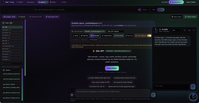 A screenshot of the 'Fish Pump' crypto interface, showing the 'Positronle Leguna' token pair, SQL GPT default settings, and an AI chat panel labeled 'CLAIRD'.