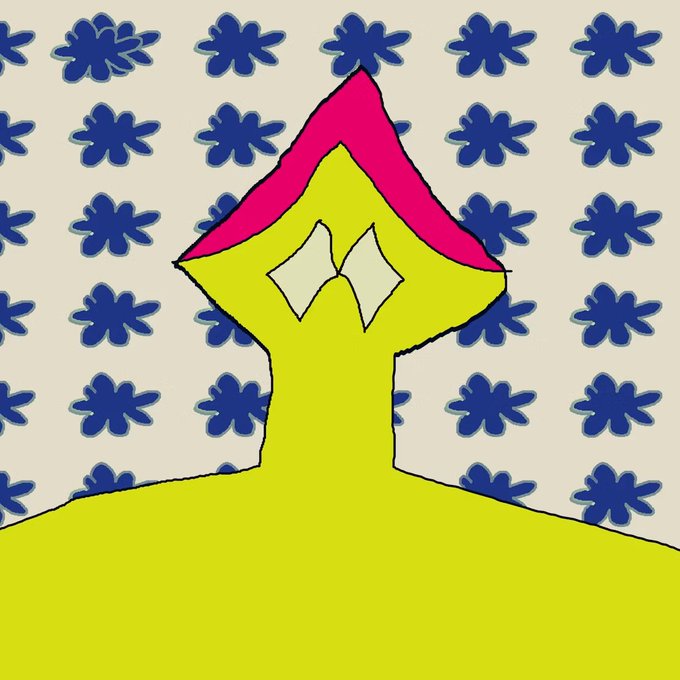 A childlike digital drawing of a yellow figure with a pointed magenta hat and diamond-shaped eyes, set against a cream background patterned with blue flower shapes.