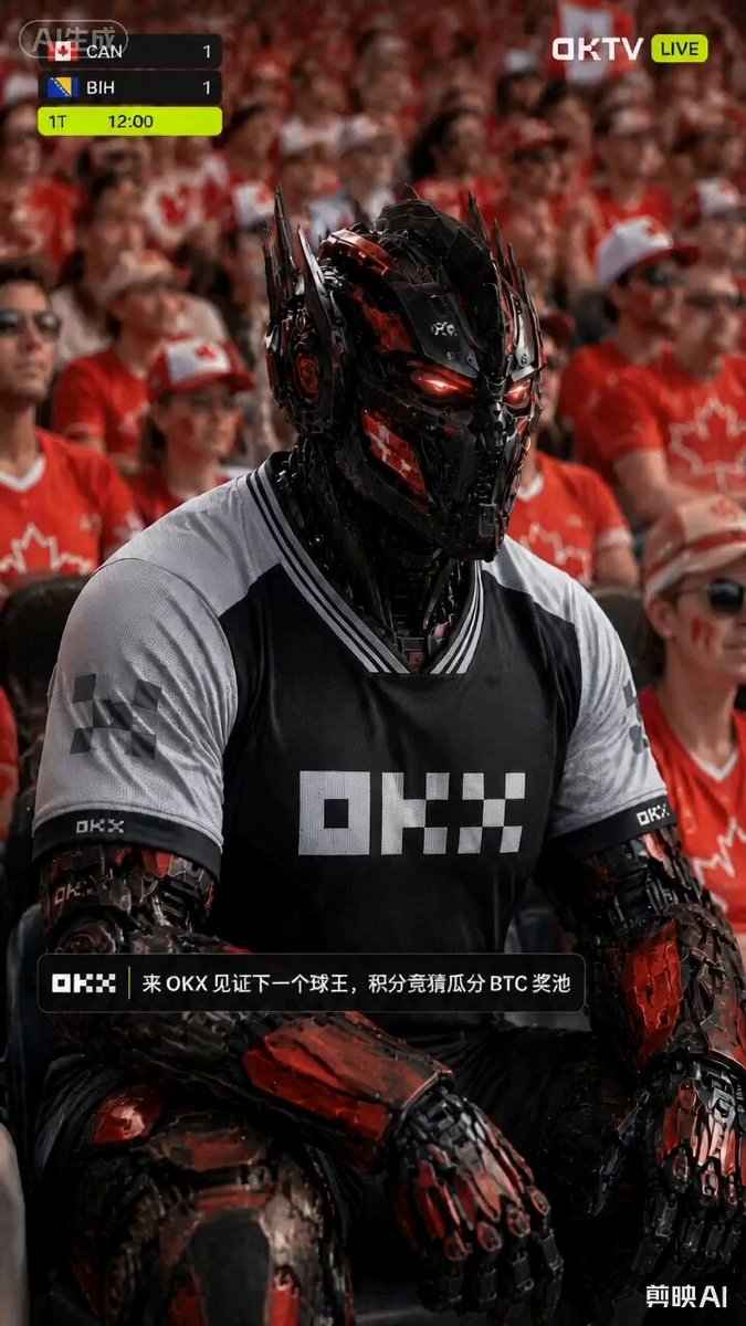 The image features a man wearing a red and black robot suit, sitting down with his arms crossed. The scene takes place at a sports event or gathering where there are many people around him. A caption below the image reads "#OKX世界杯 冲冲冲 等我有积分了又可以梭哈了".