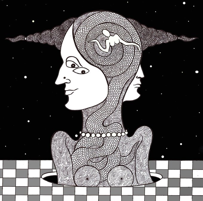 A surreal black-and-white illustration of a profile figure whose head opens into a swirling, textured interior revealing a small running figure, set against a starry night sky and a checkered base—visually echoing the introspective theme of the NFT piece "Inside Out" offered on objkt.com for 20 XTZ.