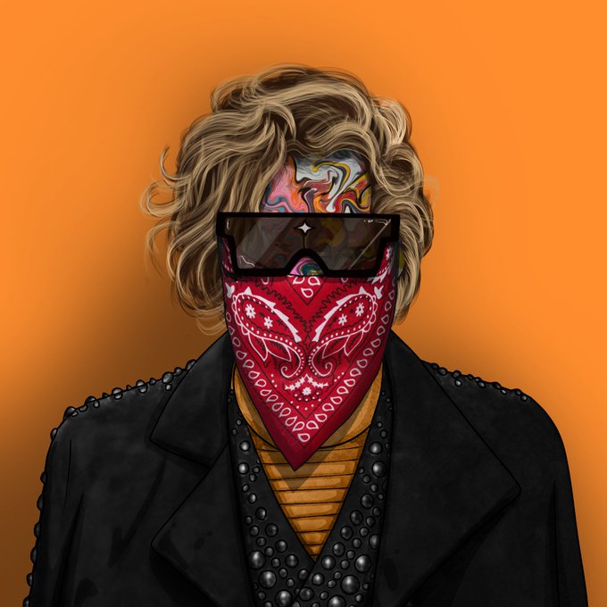 Digital artwork of a stylized figure with blonde curly hair, sunglasses, and a red bandana covering their face against an orange background.