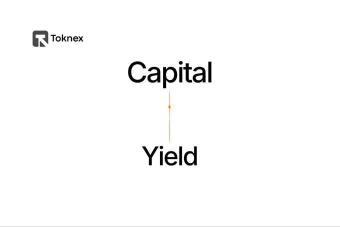 The image shows a Toknex logo in the upper left with the words "Capital" and "Yield" connected by a vertical line and dot in the center, visually illustrating how Toknex Vaults transform capital into yield.