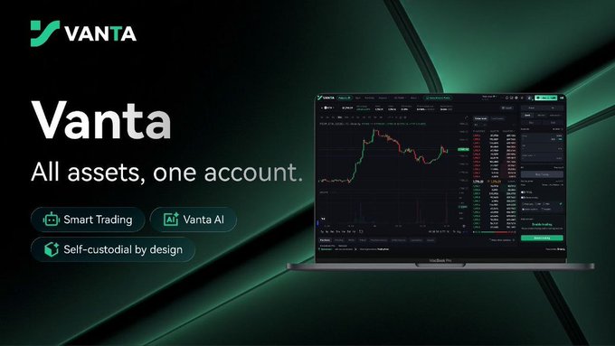 A promotional graphic for Vanta featuring the text 'All assets, one account' alongside feature tags for 'Smart Trading', 'Vanta AI', and 'Self-custodial by design', with a laptop displaying a trading interface.