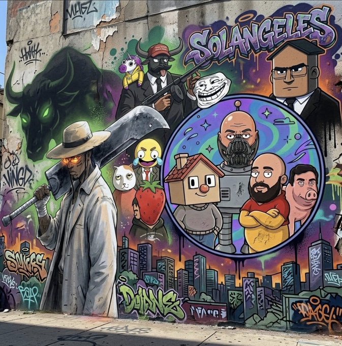 A colorful urban mural featuring various cartoon and stylized characters, graffiti text reading 'SoLANgELES' and 'DINNS', and a central circular portal showing a family.