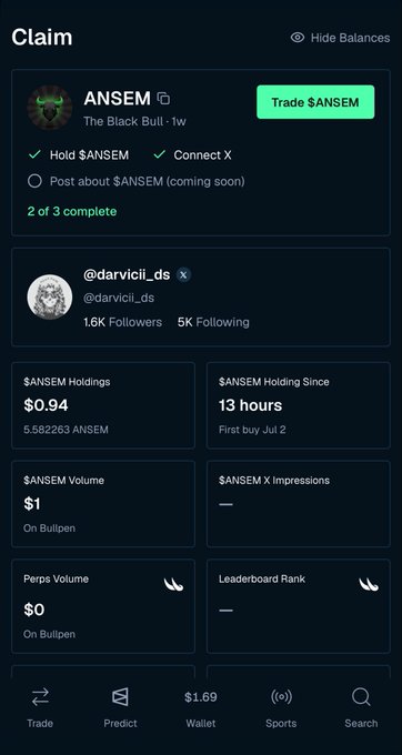 A mobile app screen showing a 'Claim' page for $ANSEM token with requirements to hold $ANSEM and connect X, displaying a user @darvici_ds with 1.6K followers and holdings stats ($0.94, 13 hours holding since Jul 2)