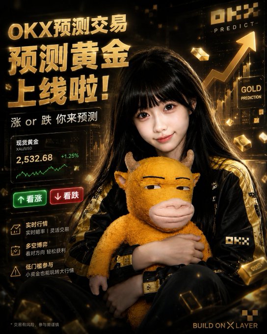 An OKX promotional advertisement in Chinese announcing the launch of gold prediction trading, featuring a young woman holding a yellow cow plushie, with gold price shown at 2,532.68 (+1.25%).
