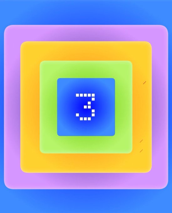 A digital countdown graphic displaying the number "3" in pixelated white font on a blue square, surrounded by concentric layered squares in green, yellow, and purple.