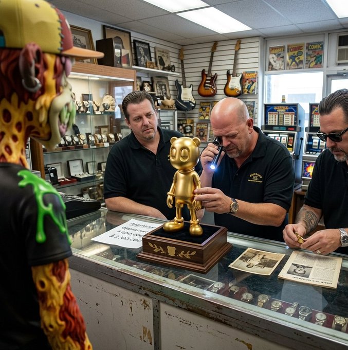Three men in black polo shirts examining a gold-colored figurine with a magnifying device inside what appears to be a collectibles shop, with guitars, comic books, and a person wearing a leopard-pattern cap visible in the background.