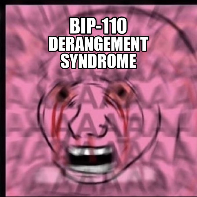 A distorted, screaming pink "Rage Face" meme (a classic internet "cursed" reaction face) is overlaid with bold white text reading "BIP-110 DERANGEMENT SYNDROME." The meme visually satirizes the accompanying post by portraying critics of BIP-110 as irrationally enraged, matching the post's description of "meltdown" over the proposed legislation.