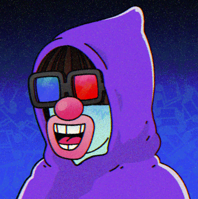 The image features a stylized cartoon character wearing a purple hoodie and 3D glasses (one blue, one red) with a big grin showing teeth, set against a starry dark blue background, relating to the post's excitement about a "DOUBLE DOPE" NFT collection by @yonfrula on OpenSea.