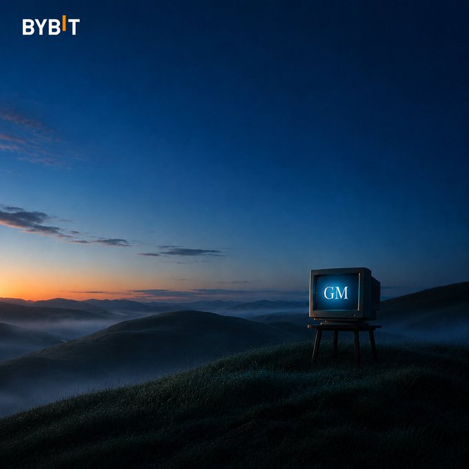 The image shows an old-fashioned television displaying "GM" (meaning "Good Morning") on its glowing blue screen, set against a serene misty sunrise landscape with rolling hills. The "BYBIT" logo appears in the top-left corner, tying the peaceful morning greeting to the cryptocurrency exchange's new financial platform featured in the post.