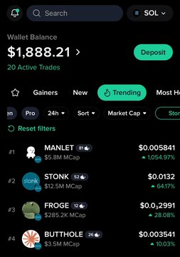 A Moby platform screenshot showing a wallet balance of $1,888.21 with 20 active trades, displaying trending meme coins including MANLET (#1, +1,054.97%), STONK (#2, +64.17%), FROGGE (#3, +28.08%), and BUTTHOLE (#4, +10.03%). The image illustrates the post's point about Moby's filtering interface, where the trending tab reveals newly launched tokens like $STONK—highlighting StonkFun's launchpad pairing transparency on the platform.