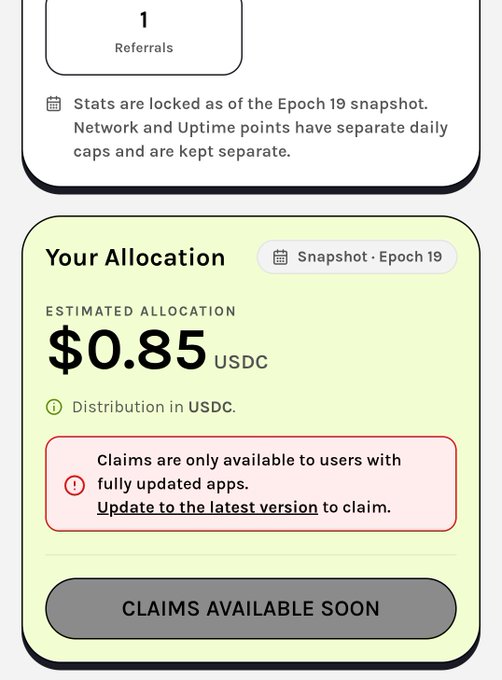 Airdrop allocation screen showing 'Your Allocation' of $0.85 USDC from a Snapshot at Epoch 19, with a message that 'CLAIMS AVAILABLE SOON' and an option to update the app.