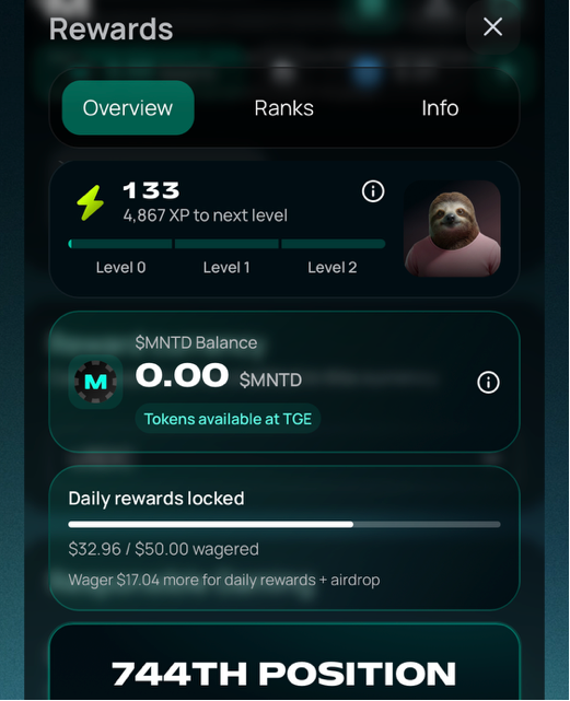 A 'Rewards' dashboard shows the user has 133 XP (4,867 XP to next level) with a sloth avatar, a $MNTD Balance of 0.00 with 'Tokens available at TGE', and a daily rewards locked bar at $32.96 / $50.00 wagered, noting a current '744TH POSITION'.