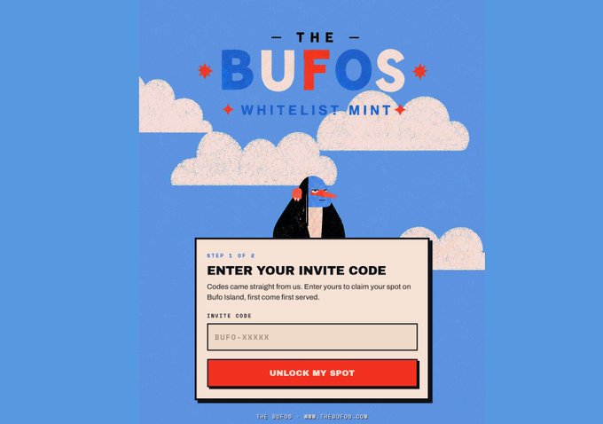 The image shows a webpage for "THE BUFOS WHITELIST MINT," featuring a stylized bird illustration with clouds and a step 1 of 3 form requiring an invite code (BUFO-XXXXX) to unlock a spot on Bufo Island, matching the post promoting the NFT project's whitelist mint at thebufos.com by founder Colombo.