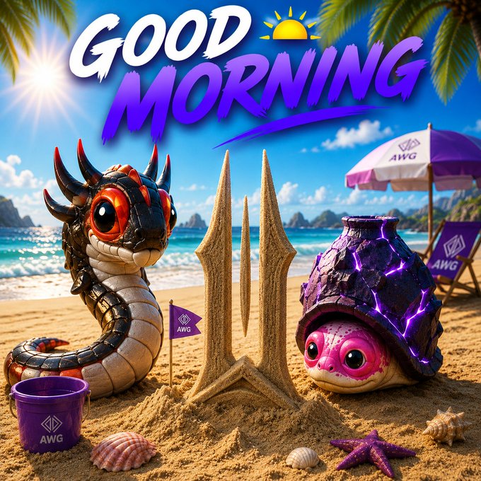 Colorful 'GOOD MORNING' beach scene with two cartoon creatures, a sand sculpture, and purple 'AWG' branded beach accessories under palm trees.