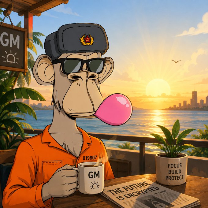 A digital illustration of a monkey wearing sunglasses, a ushanka hat with a star emblem, and an orange jumpsuit, blowing a pink bubble gum bubble while holding a 'GM' mug, with a newspaper titled 'THE FUTURE IS ENCRYPTED' and a city skyline at sunset in the background.