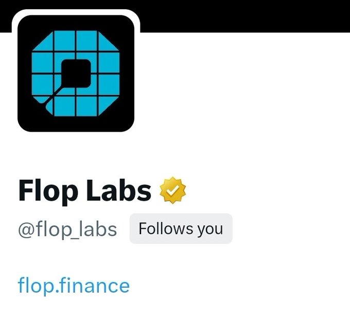 A Twitter/X profile for 'Flop Labs' (@flop_labs) with a verified checkmark, showing it 'Follows you' and linking to flop.finance, with a blue octagonal logo.