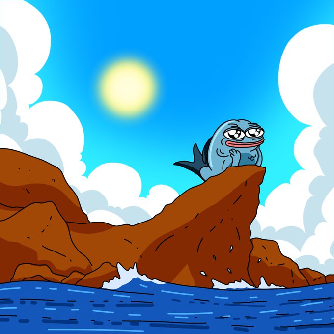A tired-looking cartoon fish rests on a rocky cliff beneath a blazing sun, overlooking deep blue waters — perfectly matching the $BLUB meme's "deep waters shine brightest under hot suns" theme and signaling optimism for a big week ahead.