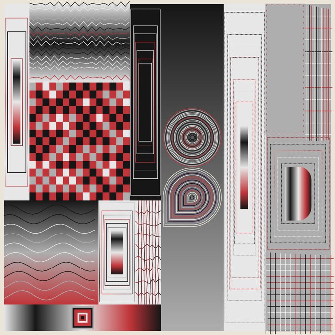A digital artwork titled "Monochrome Artifact" featuring abstract geometric patterns in a monochromatic palette with red accents, displayed in a grid-like arrangement of various shapes including checkerboards, circles, waves, and grids. The piece appears to be part of an NFT collection, with the post announcing it as a 1/1 edition dropped on reserve to $10 via the networked.art marketplace.