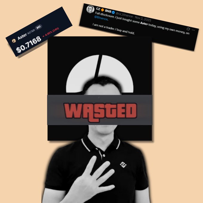 The image features a person wearing a black shirt with their hand placed over their face, obscuring them partially. The individual is standing against an orange background. A prominent graphic or poster on the orange background includes text that refers to "aster" as well as some numbers and mentions of a deal for cryptocurrency. There are also some Twitter cards visible in the image.