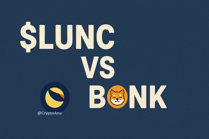 The image features a dark blue background with bold cream-colored text reading "$LUNC vs BONK," where the "O" in BONK is replaced by an orange Shiba Inu dog icon, and a small Luna Classic (yellow crescent) logo with "@CryptoAnu" appears in the corner. This visually represents the rivalry posed in the caption between the rebuilding Terra Luna Classic ($LUNC) and the barking Bonk ($BONK) memecoin.