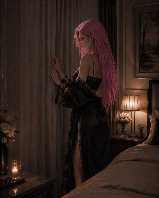 An AI-generated or stylized image of a woman with long pink hair wearing a black lace-trimmed robe, standing at a window in a dimly lit bedroom with warm lighting.