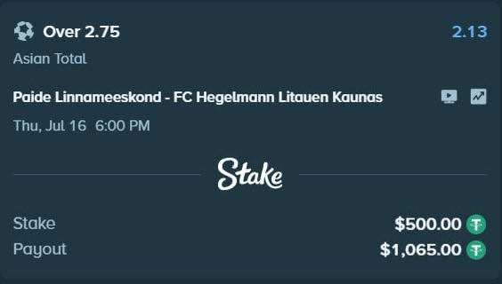 A Stake.com betting slip showing an "Over 2.75" Asian Total wager on Paide Linnameeskond vs FC Hegelmann Litauen Kaunas (Thu, Jul 16 6:00 PM) with a $500.00 stake yielding a potential $1,065.00 payout at odds of 2.13, promoting the platform alongside the welcome offer code "39bn."