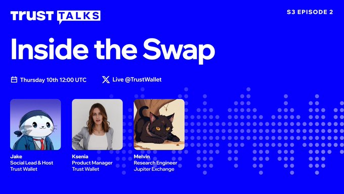 Promotional graphic for "Trust Talks: Inside the Swap" Season 3 Episode 2, featuring hosts Jake and Ksenia alongside guest Melvin from Jupiter Exchange, airing Thursday 10th at 12:00 UTC on Live@TrustWallet.