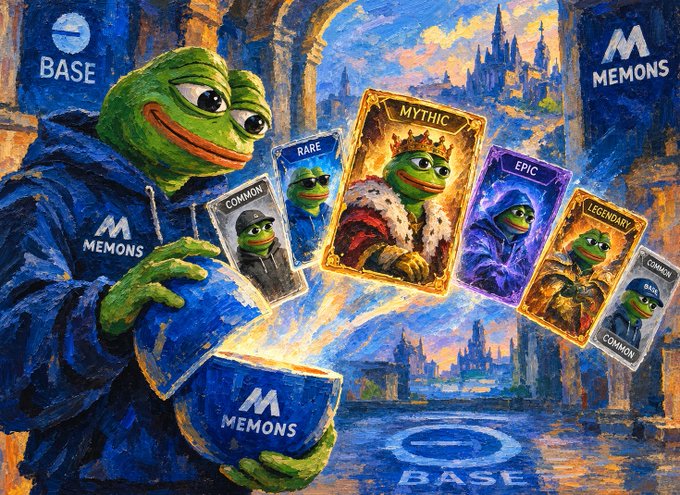 A painted-style illustration depicts a Pepe the Frog character opening a box to reveal NFT-style trading cards labeled with rarities like 'COMMON', 'RARE', 'MYTHIC', 'EPIC', and 'LEGENDARY', with 'MEMONS' and 'BASE' branding visible.