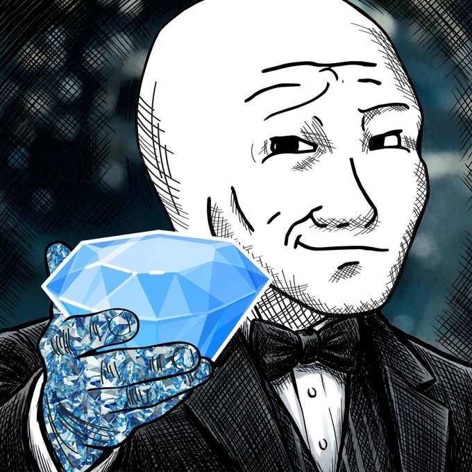 A Wojak-style meme character in a tuxedo and bow tie holds out a large blue diamond with a glittering, jeweled hand.