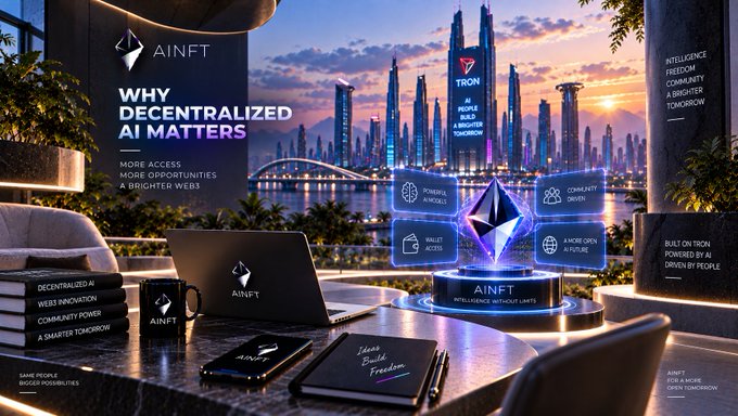 A promotional graphic for AINFT cryptocurrency, featuring a futuristic cityscape, an Ethereum logo, and text highlighting 'WHY DECENTRALIZED AI MATTERS' with mentions of TRON.