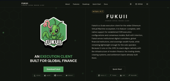 The website for Fukuii, an Ethereum virtual machine execution client built for global finance, features a praying mantis mascot logo, version 'Eligma v0.7,' and a 'Download Fukuii' button.