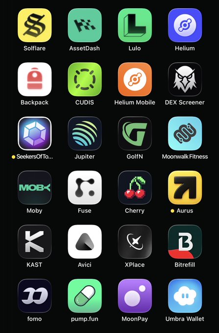 A screenshot of an iPhone home screen displaying a curated collection of 24 Solana-based apps, including Solflare, AssetDash, Helium, Jupiter, Phantom (implied by the branding), and pump.fun, illustrating the post's celebration of Solana's growth and ecosystem diversity.