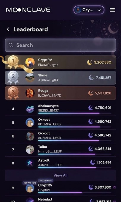 A Moonclave loyalty leaderboard ranking CrypvtRV at #1 with 9,207,830 EXP, followed by Slime (7,451,257) and Ryuga (5,537,828), visually reinforcing the post's point about distinguishing committed users through an EXP-based ranking system.