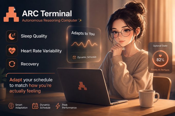 A promotional image for "ARC Terminal - Autonomous Reasoning Computer" featuring an anime-style woman at a laptop, highlighting features like Sleep Quality, Heart Rate Variability, Recovery, and an "Optimal State" reading of 82%.
