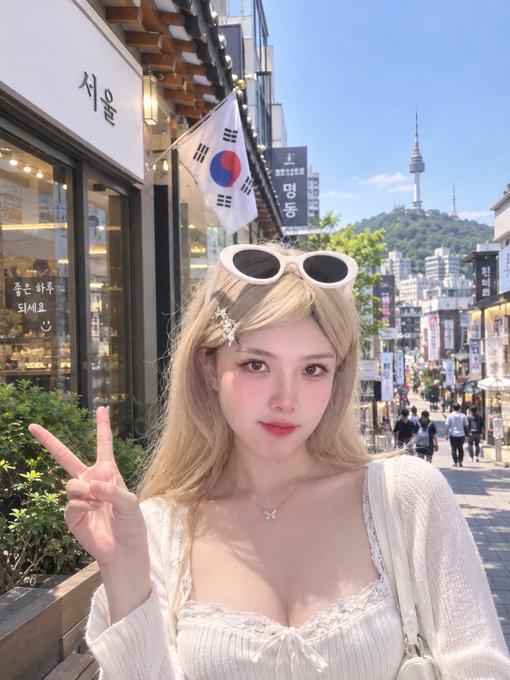A selfie of a blonde young woman in a white top with sunglasses perched on her head, making a peace sign, standing on a street in Seoul, South Korea, with the N Seoul Tower visible on a hill in the background.