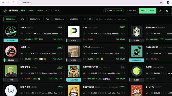 The image shows the NEARR.FUN token launch platform on nearr.fun, displaying a grid of meme tokens including $RRRR, $PT, $NEARKAT, $MEIL, $ZCAT, $GRADTEST, $JENSEN, $DEVIDENT99, $JON, $KEYPOM, $DIVTEST, and $TST77, each showing market caps and 24h performance stats with BNB as the trading pair. This relates to the post by highlighting how NEARR.FUN on NEAR Protocol lets users buy tokens directly with BNB from BNB Chain rather than requiring them to first acquire NEAR tokens.