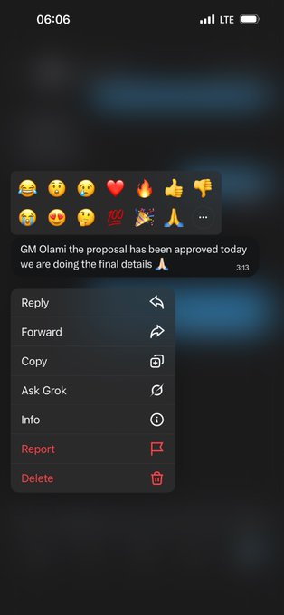 A smartphone messaging app shows a message reaction popup with various emojis and a context menu with options including Reply, Forward, Copy, Ask Grok, Info, Report, and Delete over a message reading 'GM Olami the proposal has been approved today we are doing the final details 🙏'.