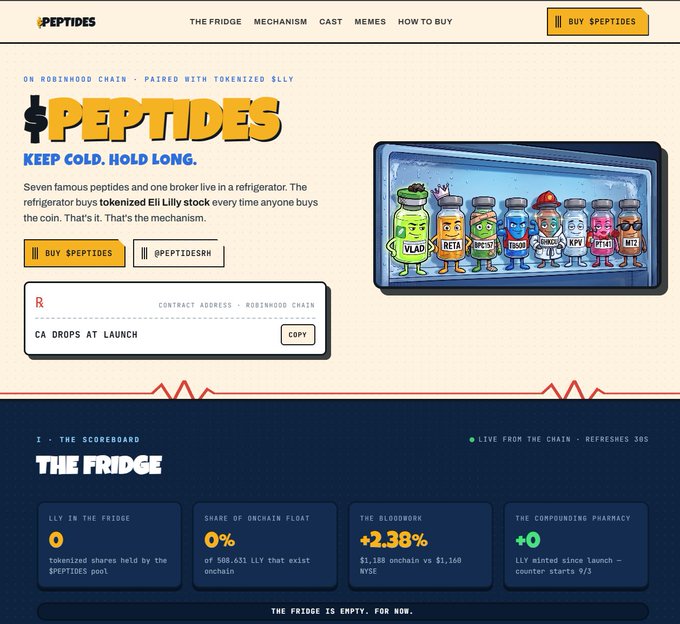 A website homepage for '$PEPTIDES' cryptocurrency, describing itself as 'KEEP COLD. HOLD LONG' with a mechanism featuring 'Seven famous peptides and one broker live in a refrigerator,' paired with tokenized Eli Lilly stock on the Robinhood Chain.