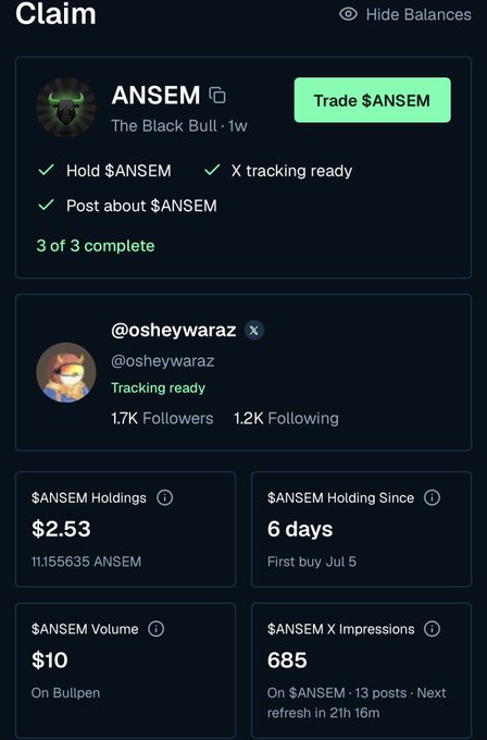 A crypto 'Claim' page for the $ANSEM token ('The Black Bull') showing completed tasks, holdings of $2.53 (11.155635 ANSEM), and a volume of $10.