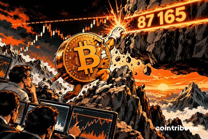 A dramatic illustration of an anthropomorphic Bitcoin coin climbing a rocky mountain against an orange sky, with a price of "87 165" displayed above and "cointribune" watermark in the corner, while traders watch candlestick graphs in the foreground.