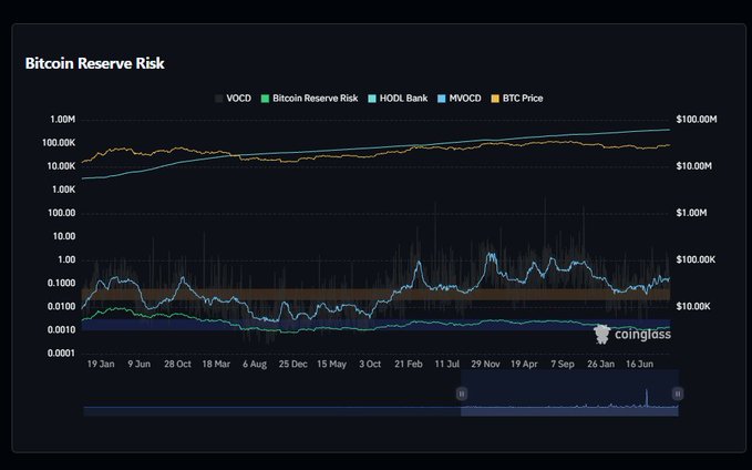 A Bitcoin Reserve Risk chart from Coinglass showing VOCD, HODL Bank, MVOCD, and BTC Price trends over time.