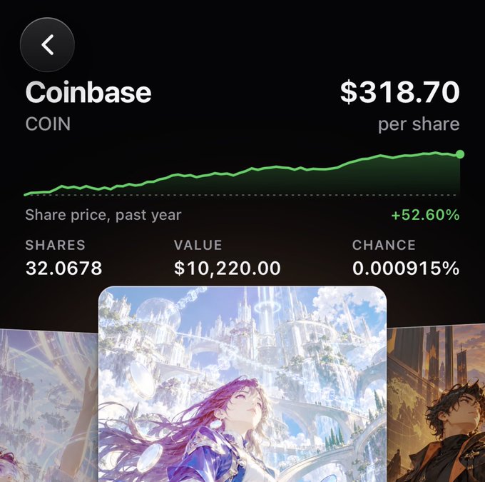A mobile app screenshot displaying Coinbase (COIN) stock at $318.70 per share with a +52.60% gain, with anime-style artwork visible at the bottom.
