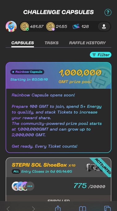 A mobile app screenshot titled 'CHALLENGE CAPSULES' featuring a 'Rainbow Capsule' event with a '1,000,000 GMT prize pool' and a 'STEPN SOL ShoeBox x10' raffle showing '775/20000' entries.