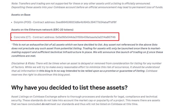 A screenshot of a Coinbase blog post listing new assets, with a red box highlighting the ERC-20 token 'Concrete (CT)' with contract address 0x0a092e54da31150b439a1aaa3a214a867146, under the section 'Assets on the Ethereum network (ERC-20 tokens)'.