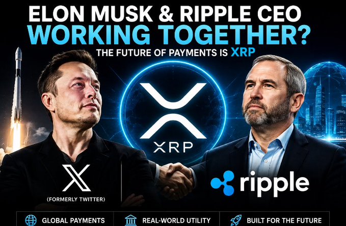 A dramatic promotional-style graphic showing Elon Musk (next to an X logo labeled "Formerly Twitter") and Ripple CEO Brad Garlinghouse shaking hands, with the XRP logo prominently centered between them. Bold yellow and white text reads "ELON MUSK & RIPPLE CEO WORKING TOGETHER? THE FUTURE OF PAYMENTS IS XRP," with the image visually amplifying the post's speculation about a rumored but unconfirmed connection between X Money and Ripple's XRP.