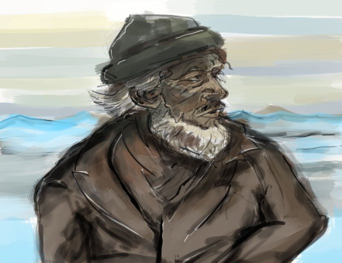 A digital sketch portrait of an elderly man with a white beard, wearing a dark cap and brown coat, set against a coastal landscape background.